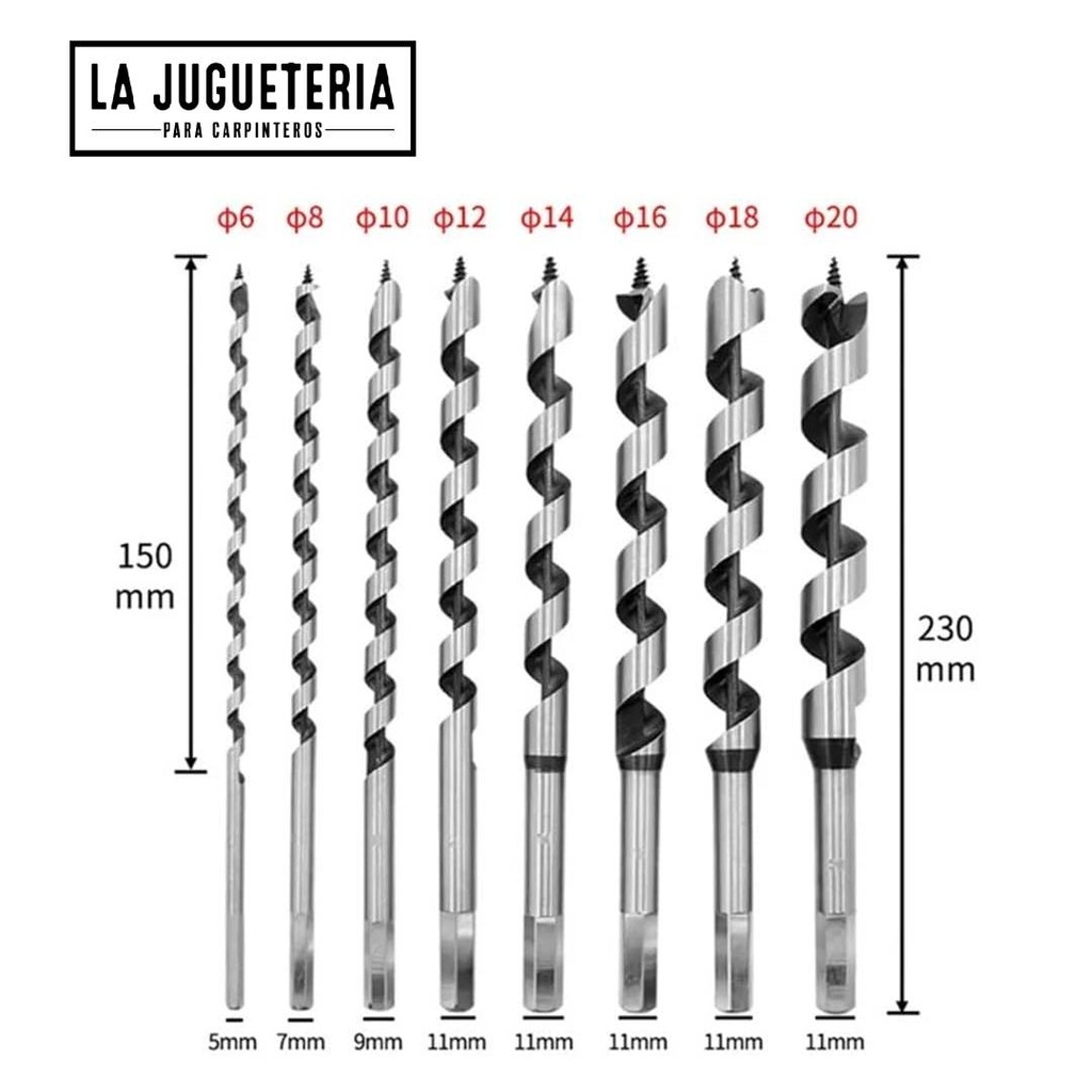 Juego de 6 brocas helicoidales para madera, 230 mm, 6 - 20 mm, barrenas