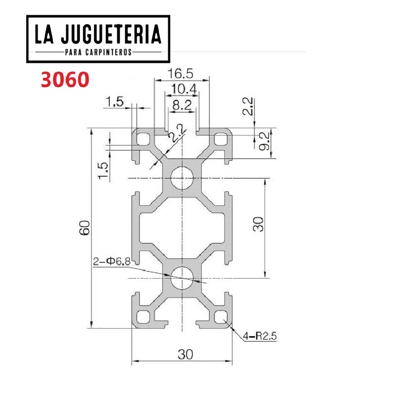 Perfil de aluminio 3060- 100cm. Tipo T. 