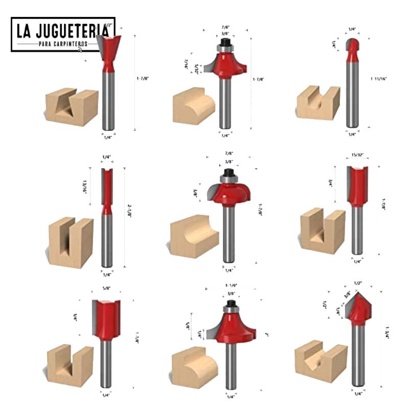 Set 15pz de Fresas para Router de Alta Precisión con Vástago de 1/4" - La Juguetería para Carpinteros
