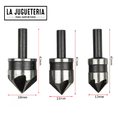 Juego de 3 Avellanadores de Acero al Carbono 12mm (7/16"), 16mm (5/8"), 19mm (3/4")