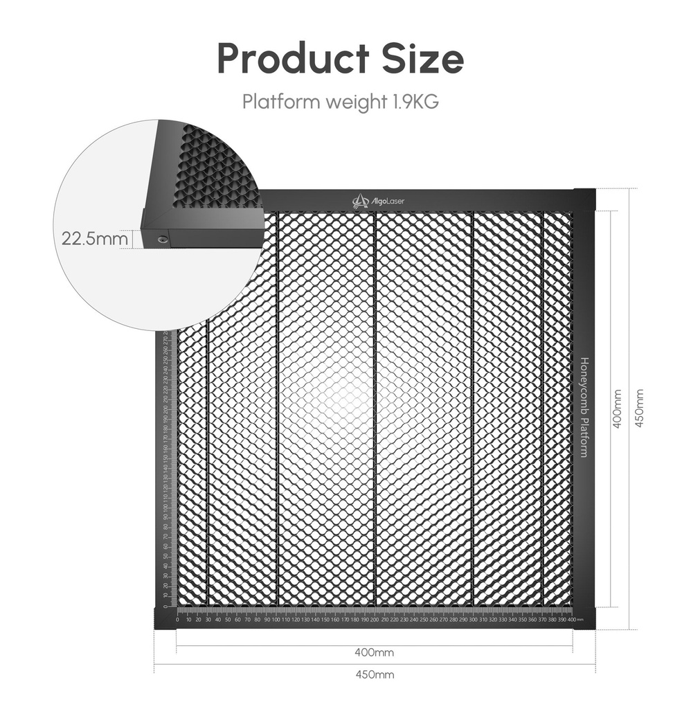 Medidas de la plataforma: 450 x 450 x 22,5 mm, área útil 400 x 400 mm