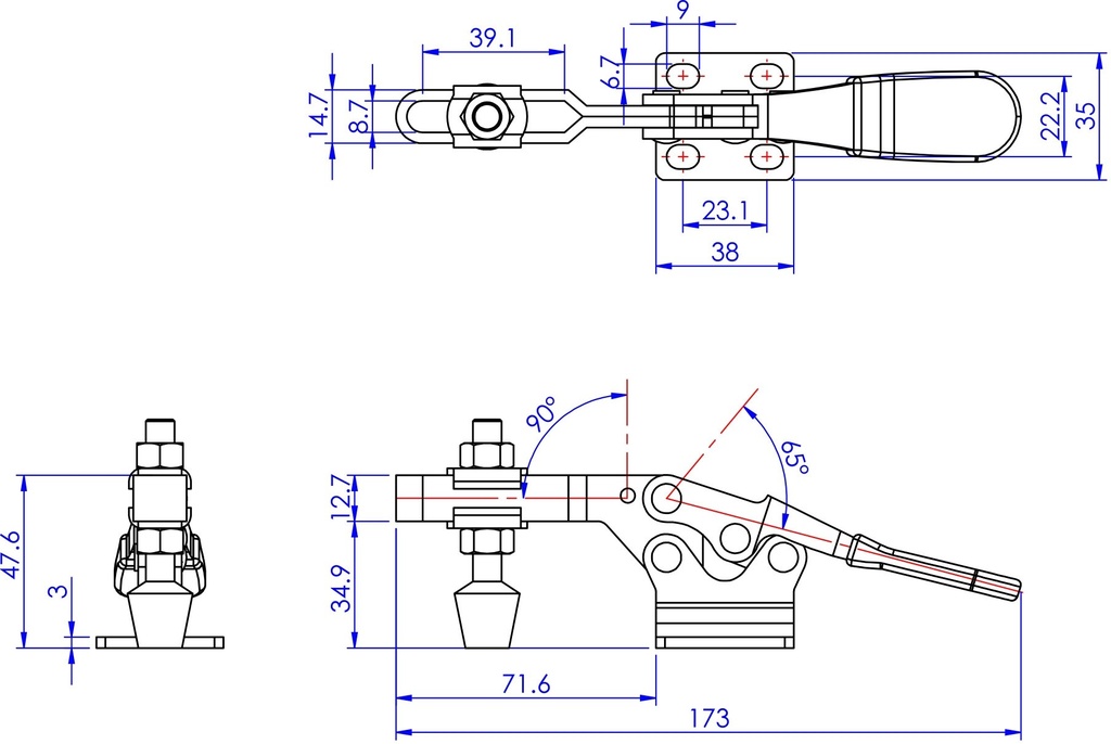 Plano de cotas del estándar GH-225-D: base 23,1 x 38 mm, largo 173 mm, apertura 90 grados