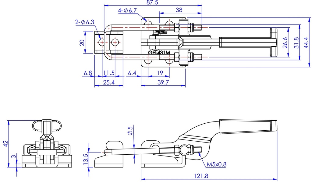 Plano de cotas del estándar GH-431: gancho de cierre, largo 121,8 mm