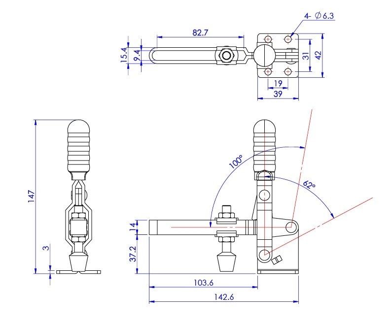 Plano de cotas del estándar GH-101-E: altura 147 mm, brazo ranurado, base 39 x 42 mm