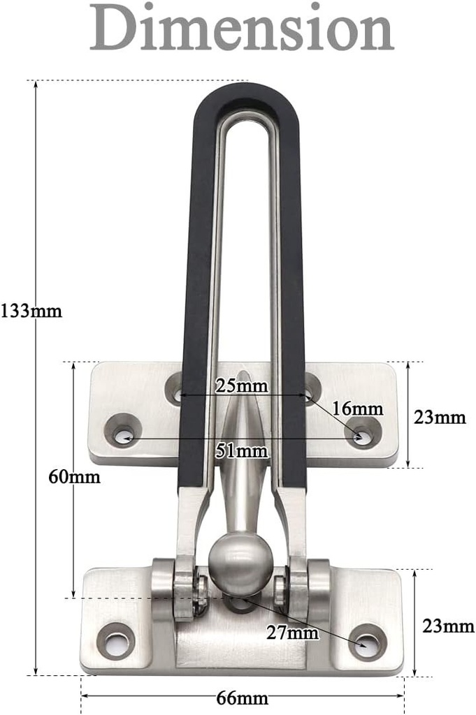 Plano de cotas del cerrojo de seguridad A2193: 133 mm de alto, placas de 66 x 23 mm