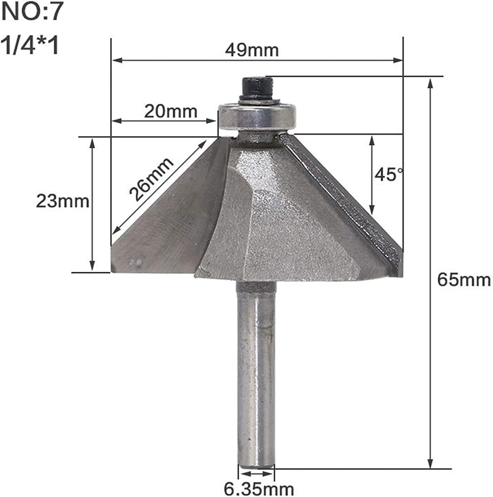 Fresa para biselar/chaflán 45º corte de 1". Vástago de 1/4". Ref.P06