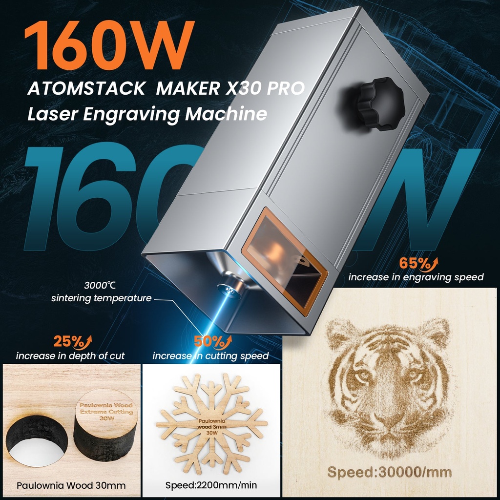 ATOMSTACK MAKER X30 PRO 160 W: Láser de diodo óptico de alta potencia de 33W de salida con tecnología de acoplamiento láser de última generació