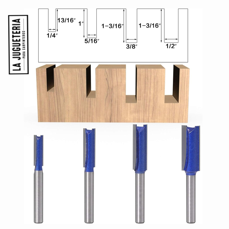 Fresas router de corte recto 1/4" , 5/16", 3/8" y 1/2". Vástago 1/4". Set 4 pcs. P