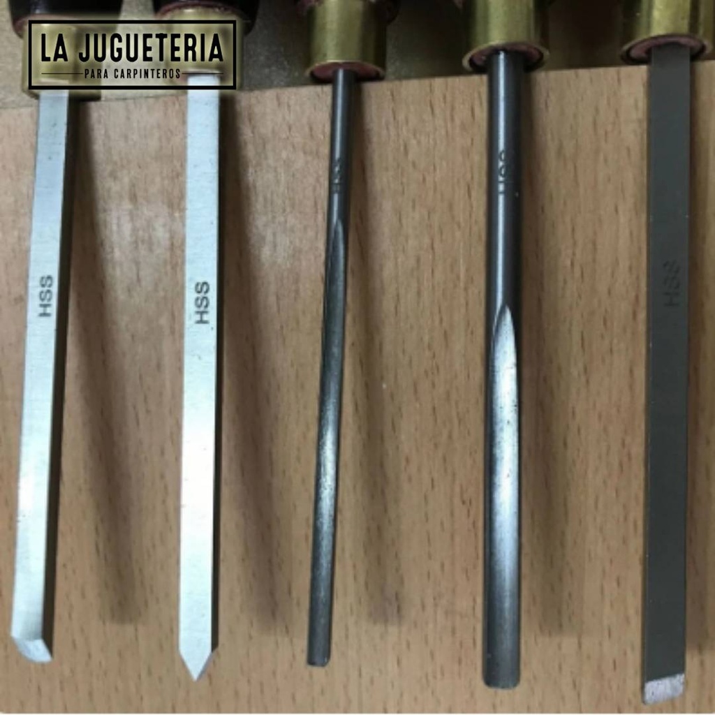 Juego de gubias de torneado de madera, hoja HSS, mangos de madera 27 cm de largo