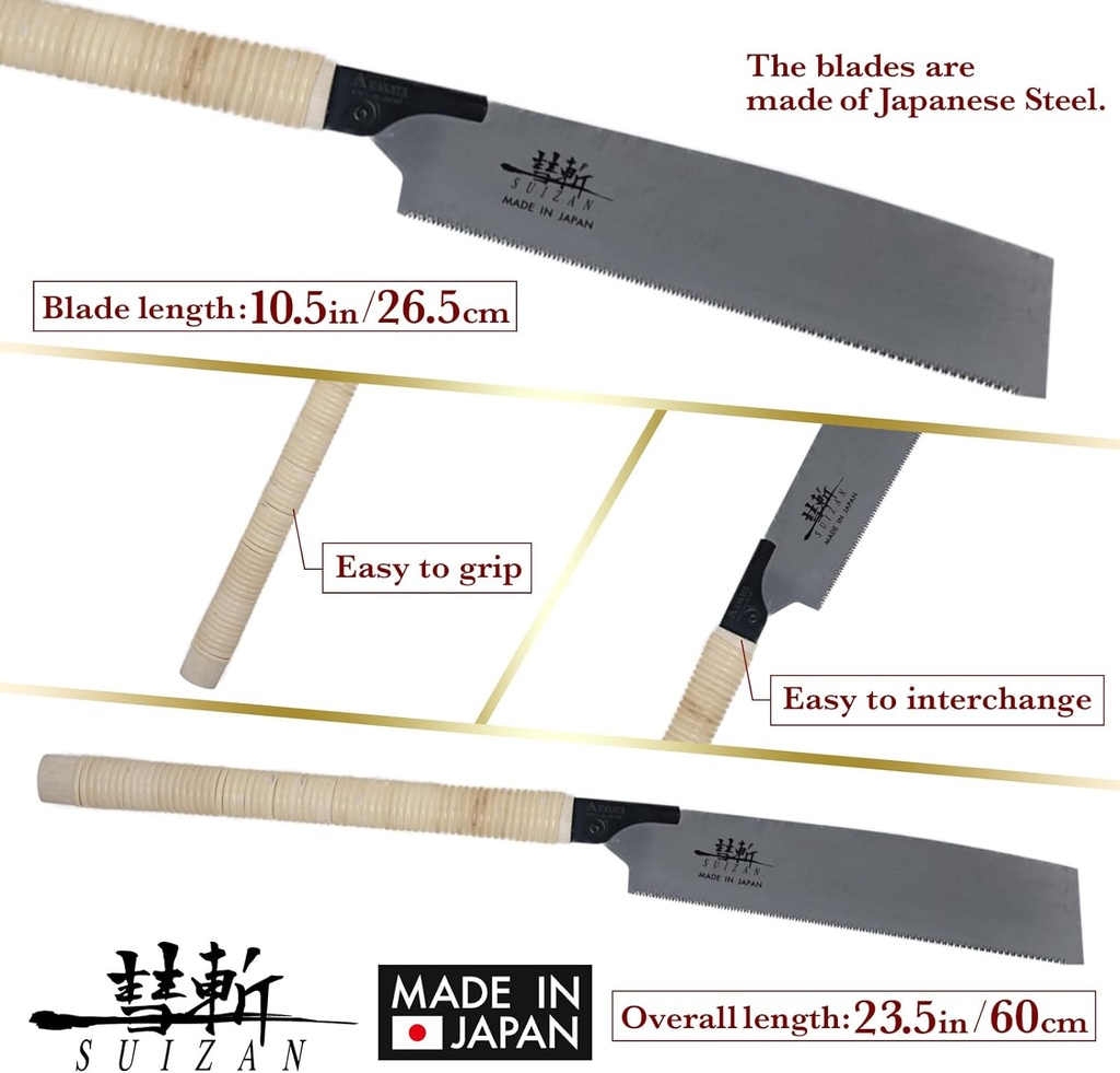 Sierra japonesa SUIZAN Sierra de tracción Kataba (de un solo filo) de 10,5 pulgadas para carpintería