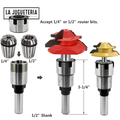 Alargador/adaptador extensor para router vástago de 1/2" a 1/2" y 1/4" con llave ER 20M
