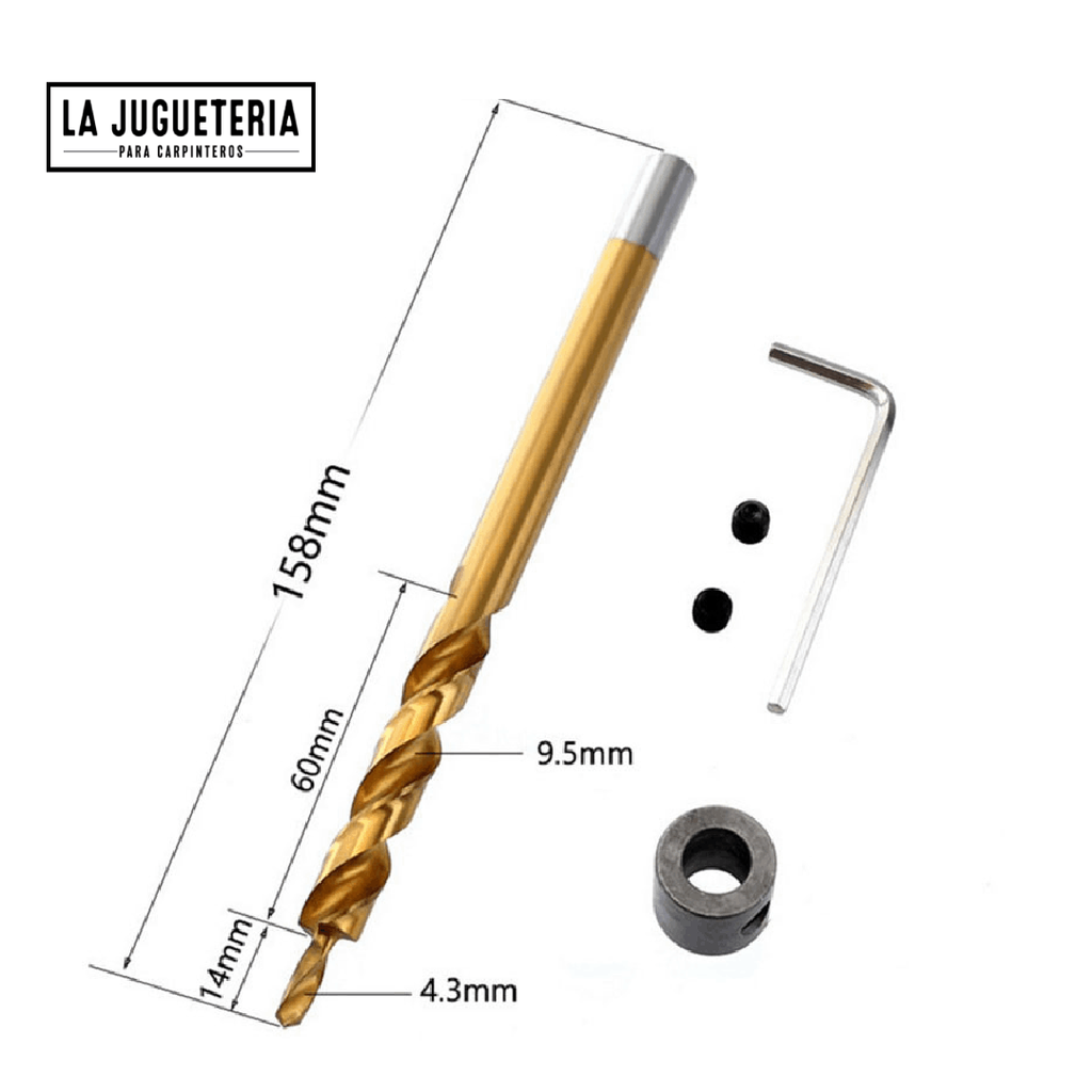 Broca hexagonal para agujero de bolsillo o pocket hole - HSS  con recubrimiento de titanio - 9,5 mm