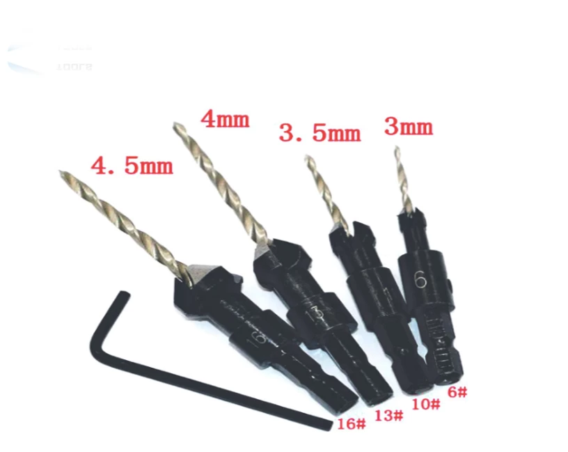 Brocas Avellanadoras de 45º para Madera - Set de 4 unidades, medidas 4.5mm, 4mm, 3.5mm y 3mm