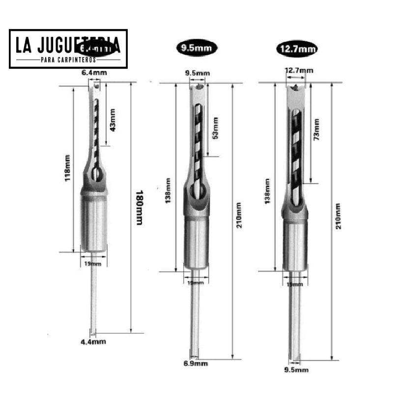 Brocas cuadradas escoplo / mortiser 6.4/9.5/12.7mm. Set 3 pcs