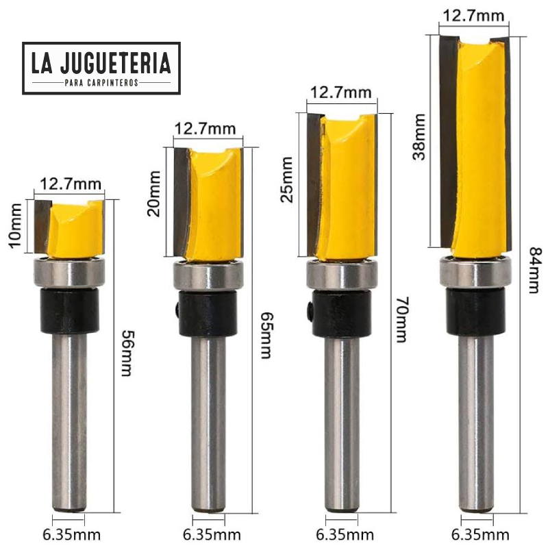 Fresas de corte recto, copiadoras con 1 rodamiento. Vástago de 1/4". Set 4 pcs. Ref.P15