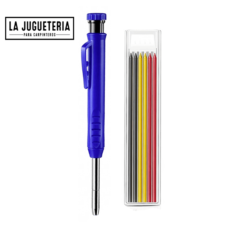 Lápiz de carpintero y caja con 6 minas de colores