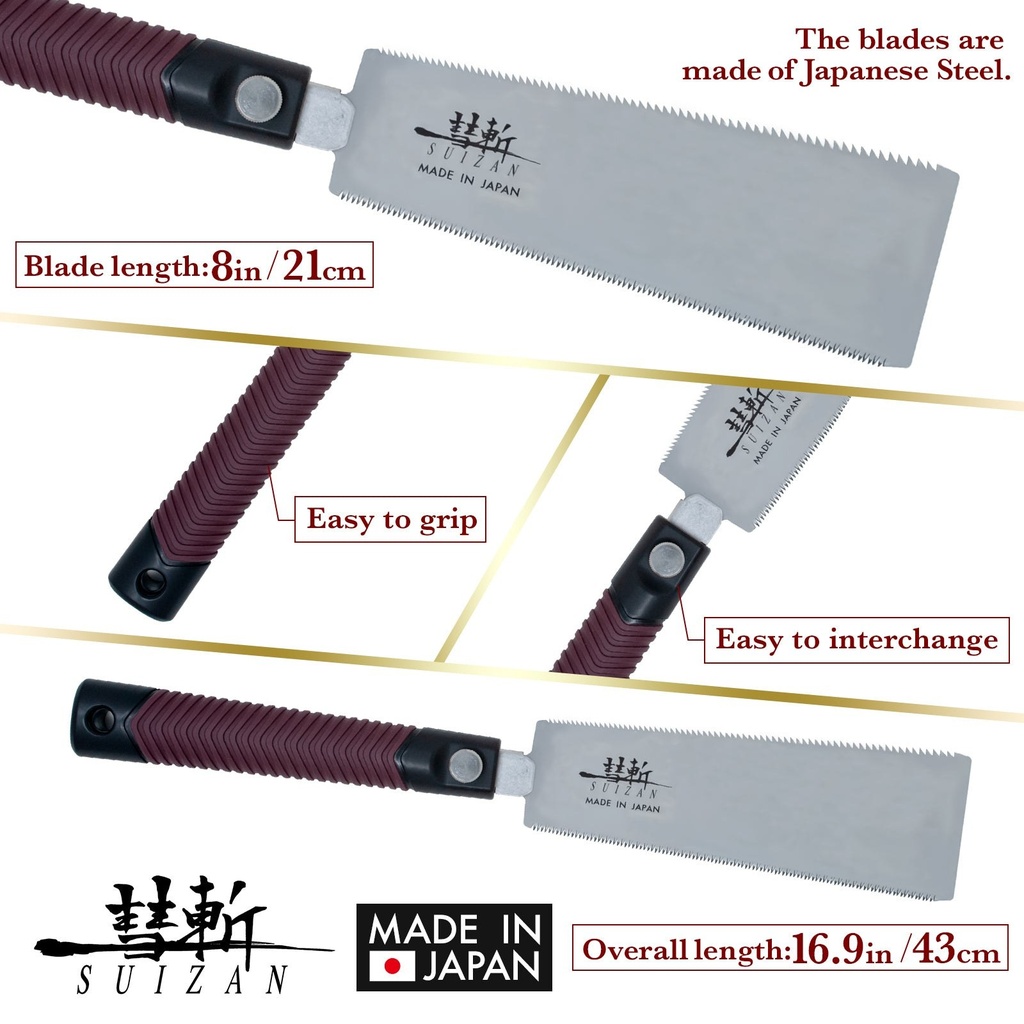 [A673] SUIZAN Sierra japonesa de mano. Sierra doble filo para corte en bruto Ryoba 8"