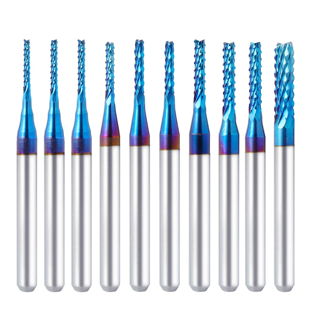[A418] Fresas de grabado para CNC 0.8/1.0/1.2/1.4/1.6/1.8/2.0/2.2/2.4/0.118 in. Set 10 pcs. Ref.V05