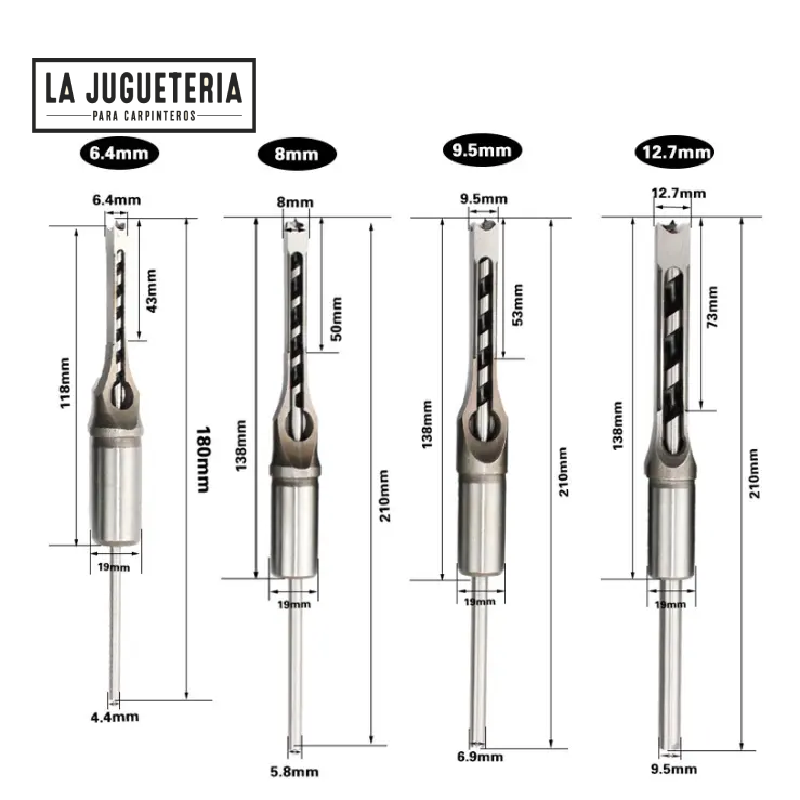 Brocas cuadradas escoplo ó mortiser 6.4-8-9.5-12.7mm. Set 4 pcs