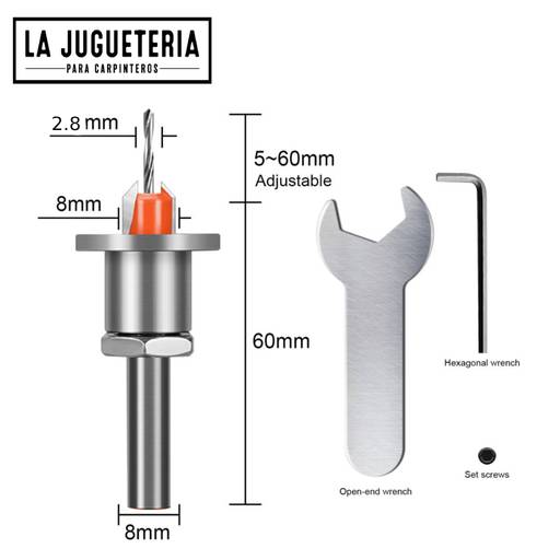 Broca avellanadora 2.8 x 8 mm de cuello con tope ajustable para madera profundidad 2.5-10.5 mm