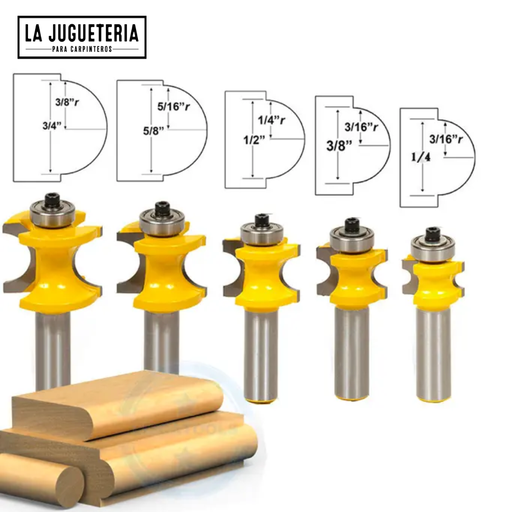Fresas para router Bullnose. Juego de 5 piezas 1/8 ", 3/16" , 1/4 ", 5/16", 3/8 "r. Ref.G46