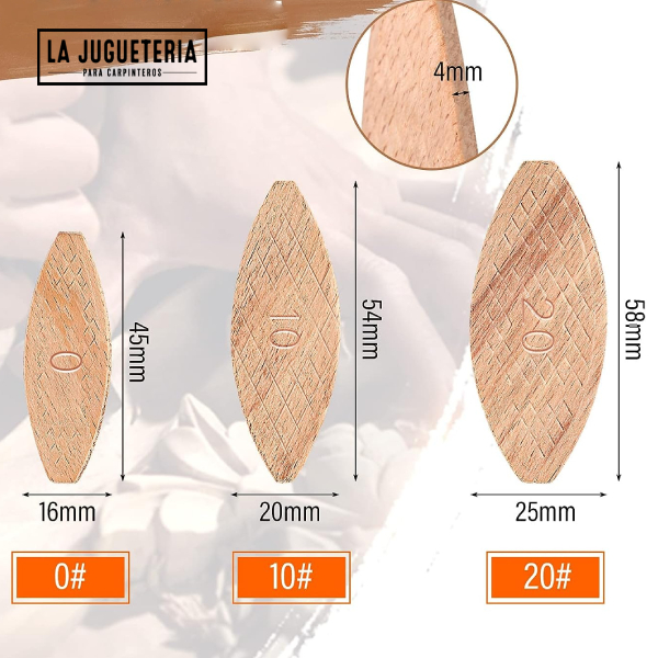 Galletas de madera (Biscuits) N° 20. Para uniones en trabajo de carpintería. Bolsa 100 unidades