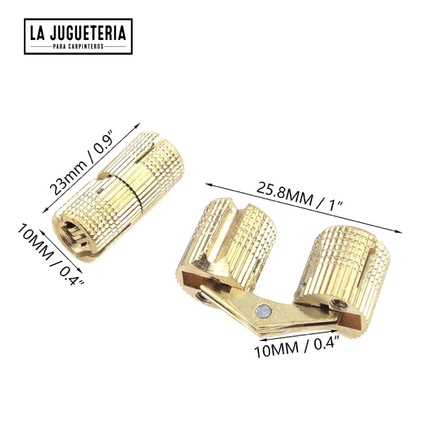 Bisagras ocultas tipo barril 10 mm. Angulo de apertura de 180 grados. Pack 2 unidades Fabricado en latón y acero inoxidable