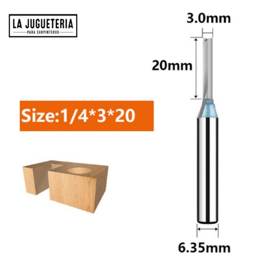 [A409] Fresa tipo flauta de corte recto3*20 corte para CNC y router. Vástago de 1/4". Ref.P38