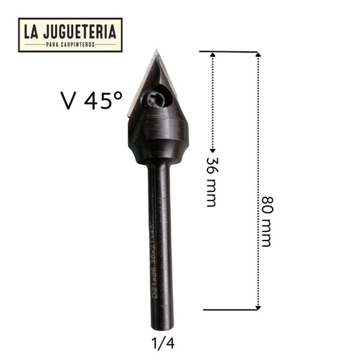 Fresa industrial Diente de Perro, ranura en V 45 grados Groove x 47/64 Diámetro x 1 Profundidad de corte con inserto. Vástago de  1/4". Ref. P46