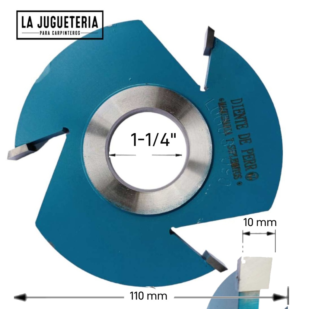 Fresa Diente de Perro para trompo industrial. Ranurado con 3 alas de carburo de tunsgteno para trabajos pesados.Diámetro: 4,3" (110 mm). Altura de corte: 3/8" (10 mm). Diámetro del agujero: 1-1/4" (31,75 mm)