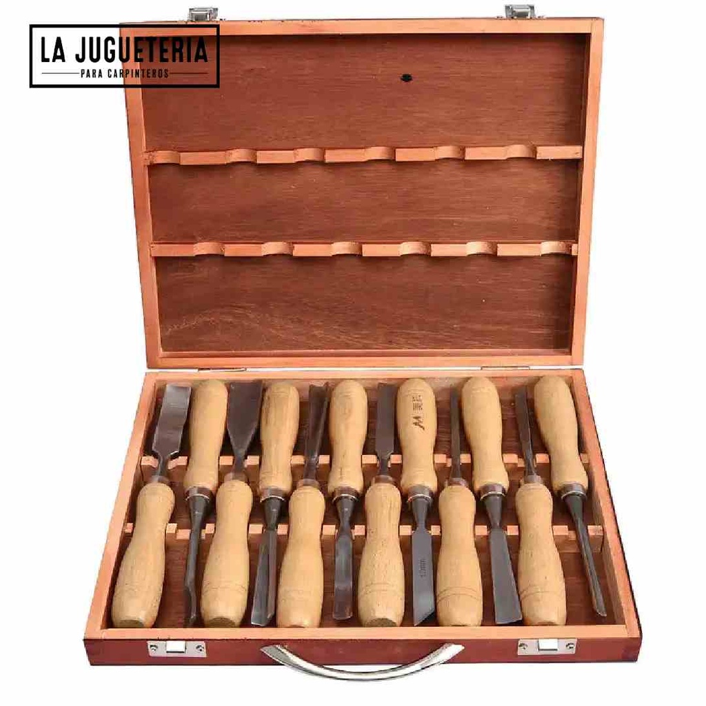 Juego de Gubias / cinceles para  talla. Set 12 unidades de acero al cromo vanadio con caja de madera