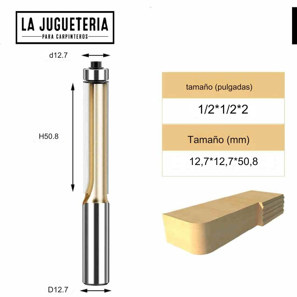 Fresa de corte recto 50,8mm (1/2-1/2-2"), copiadora con 2 rodamientos arriba. Vástago de  1/2". Ref. G55