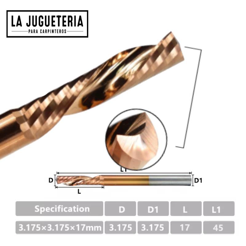 [A843] Fresa de Carburo CNC con Recubrimiento TiCN de 1/8" para Herramientas de Carpintería, 1 Flauta, 3.175 x 15 x 38mm  Ref: V15