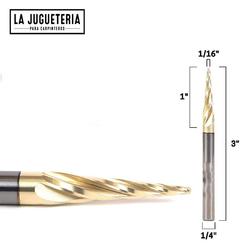 Fresa de Carburo Recubierta de Titanio para grabado y relieves de 1/16" 3D espiga de 1/4 (6,35mm)Ref:V18