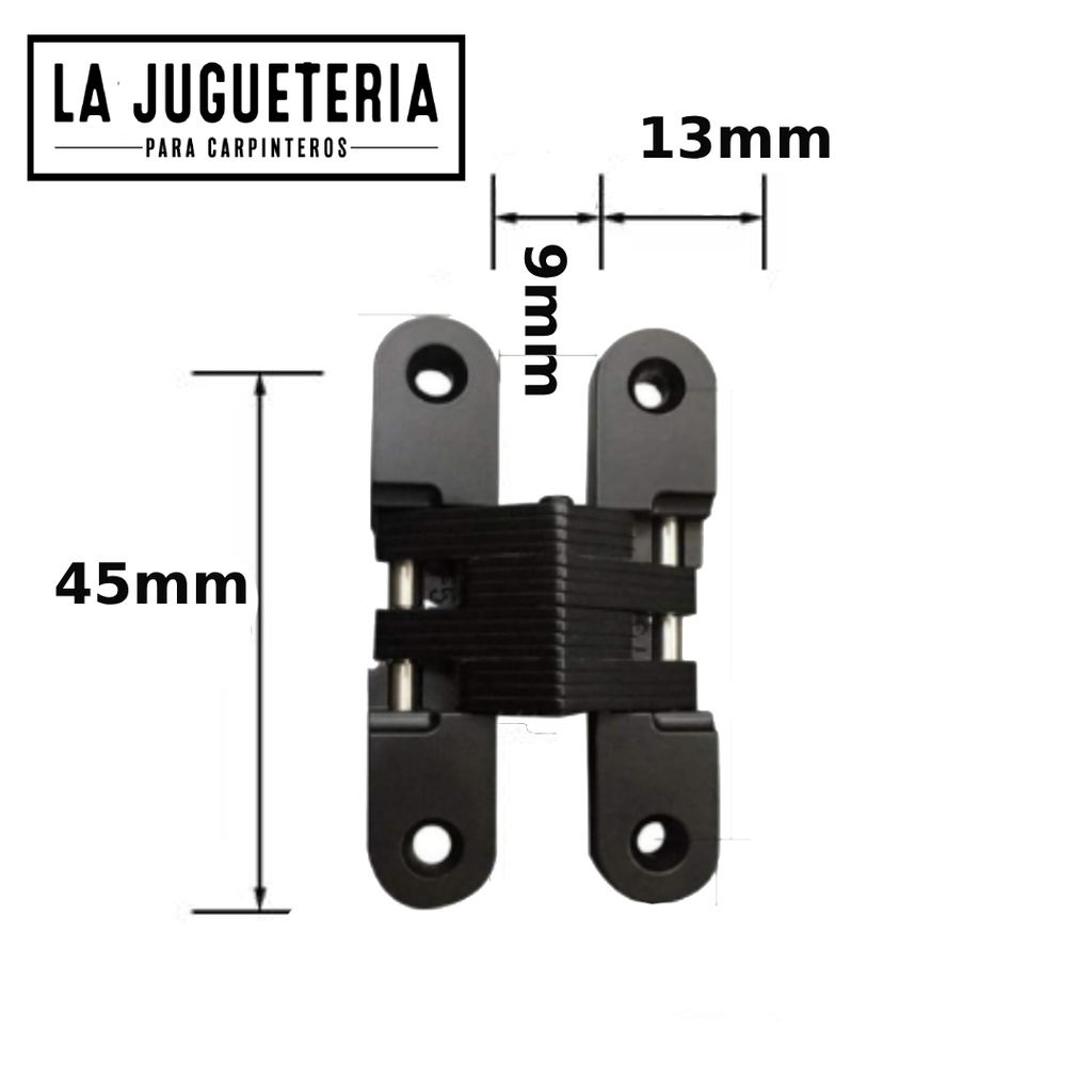 Bisagra oculta o invisible ECH para puertas de muebles y armarios - Aleación de zinc y acero inoxidable - Tamaño 45x13x9 mm - Color negro mate