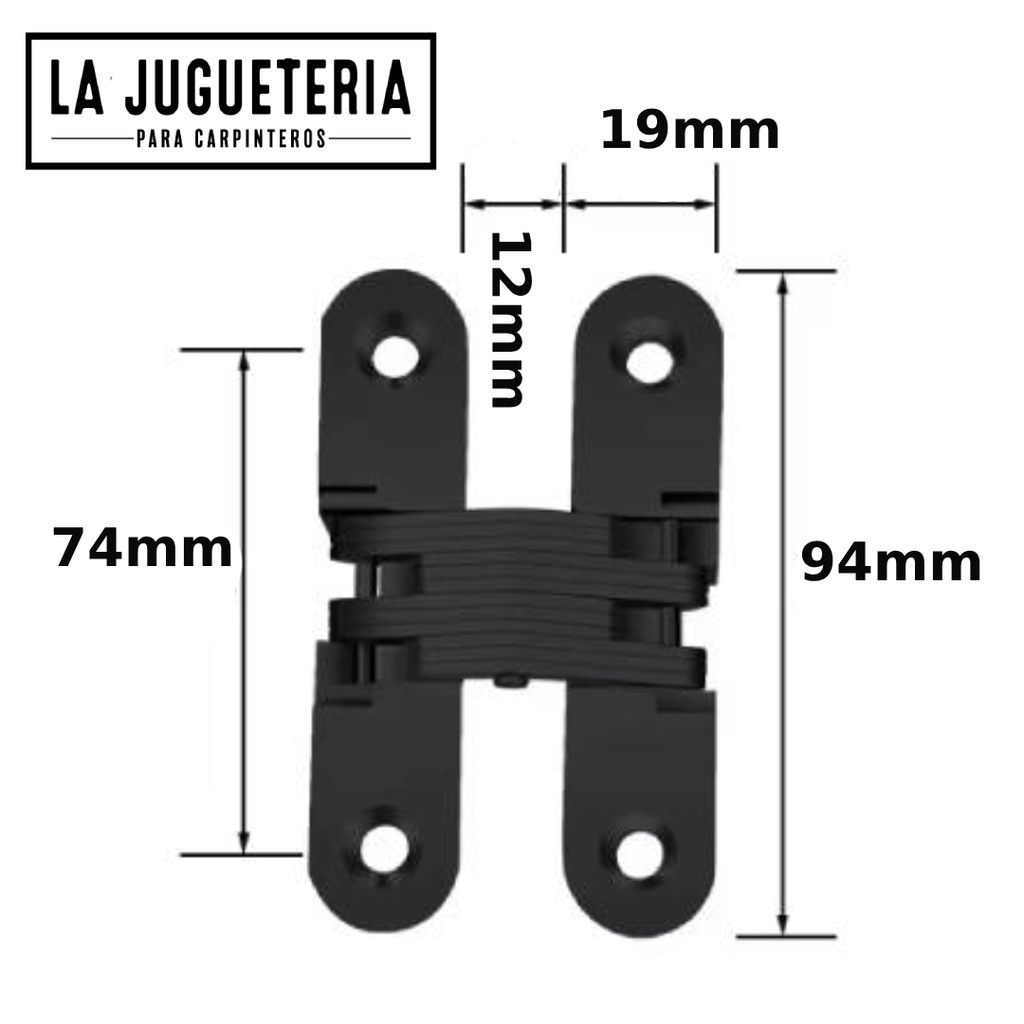 Bisagra oculta o invisible ECH para puertas de muebles y armarios - Aleación de zinc y acero inoxidable - Tamaño 94x19x13 mm - Color negro mate