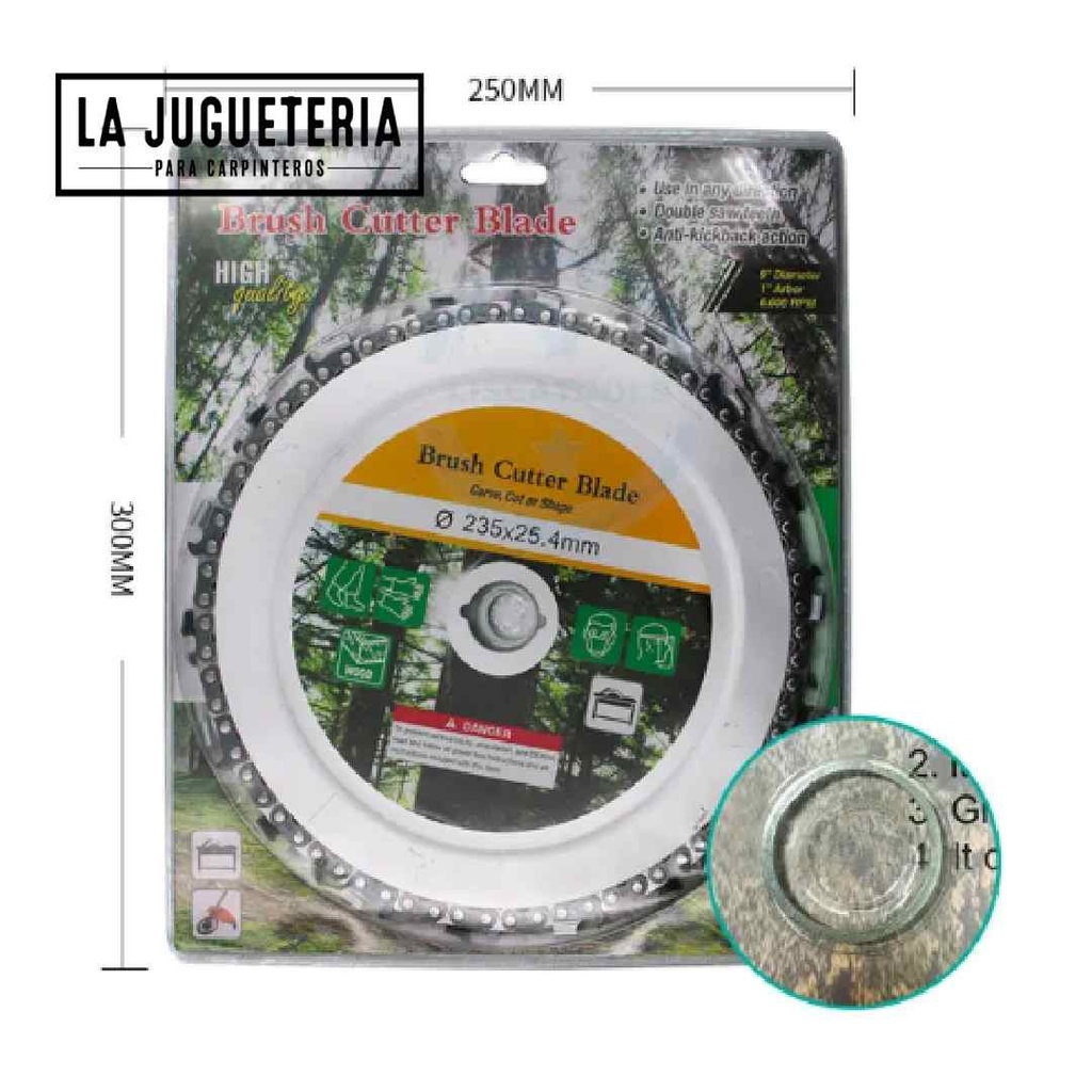 Disco de tallado tipo hoja de sierra 235 mm x 25,4 mm 18 dientes. Diametro 9" aprox. 1" de eje. 6,600 RPM.