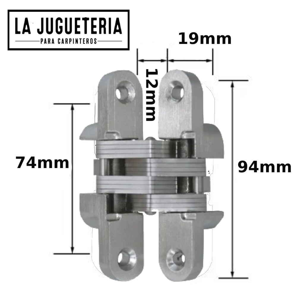 Bisagra oculta o invisible ECH para puertas de muebles y armarios - Aleación de zinc y acero inoxidable - Tamaño 94x19x13 mm - Color plateado