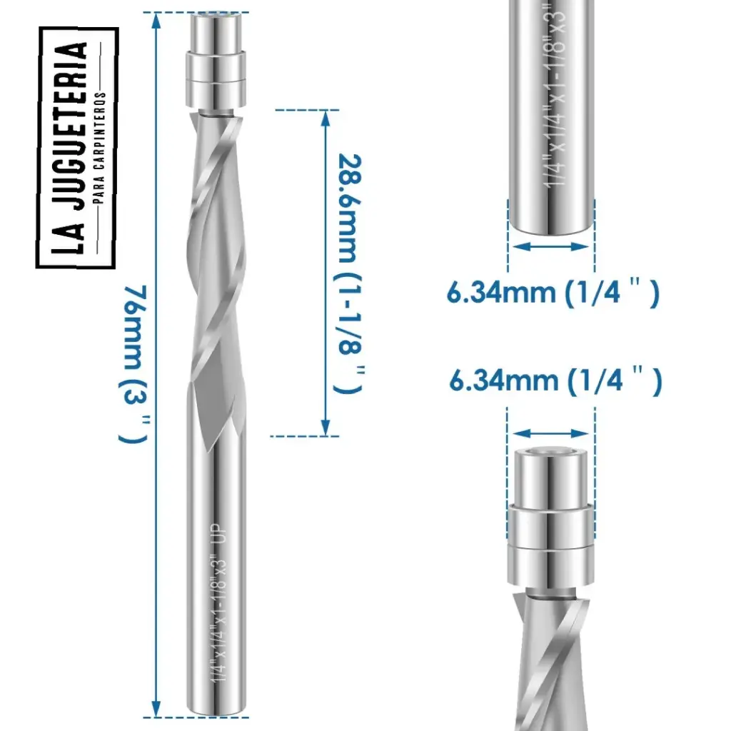 Fresa copiadora en espiral UP CUT 1/4x1/4"x1" 1/8 x3" 2F Vástago 1/4"  Ref.P73 