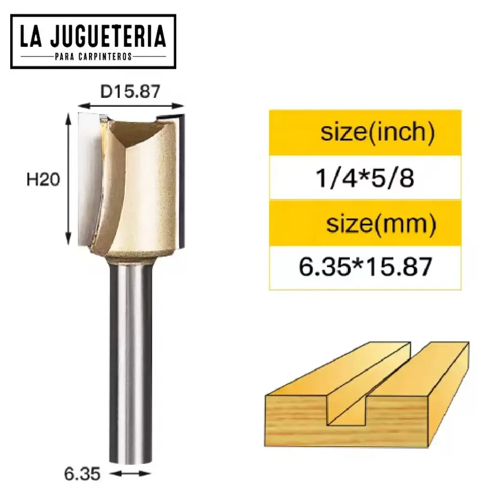 [A1121] Fresa recta CNC – Corte 5/8" (15.87 mm), profundidad 20 mm, vástago 1/4" (6.35 mm)  Ref:P80