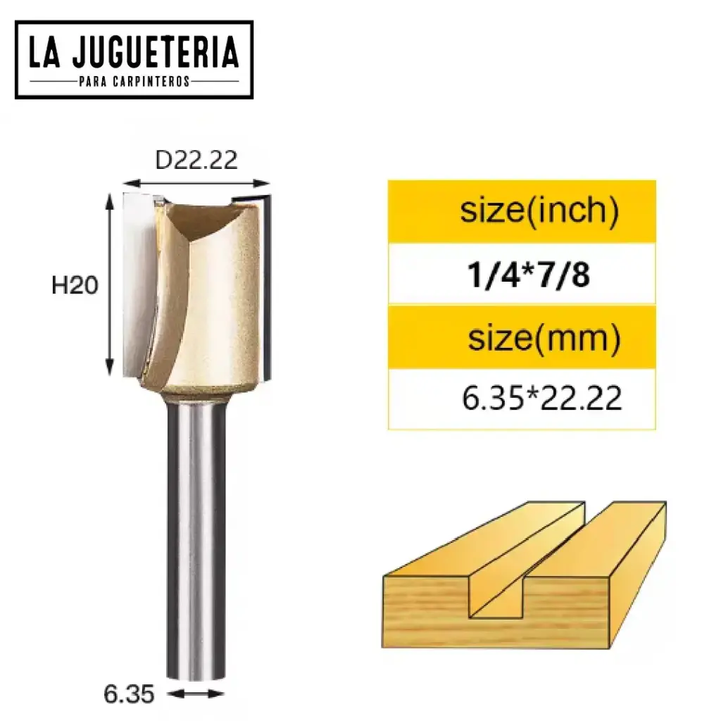 [A1124] Fresa recta CNC – Corte 7/8" (22.22 mm), profundidad 20 mm, vástago 1/4" (6.35 mm)  Ref:P82