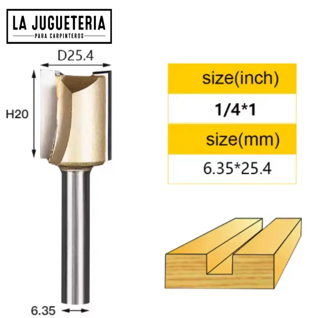 Fresa recta CNC – Corte 1" (25.4 mm), profundidad 20 mm, vástago 1/4" (6.35 mm)  Ref:P83