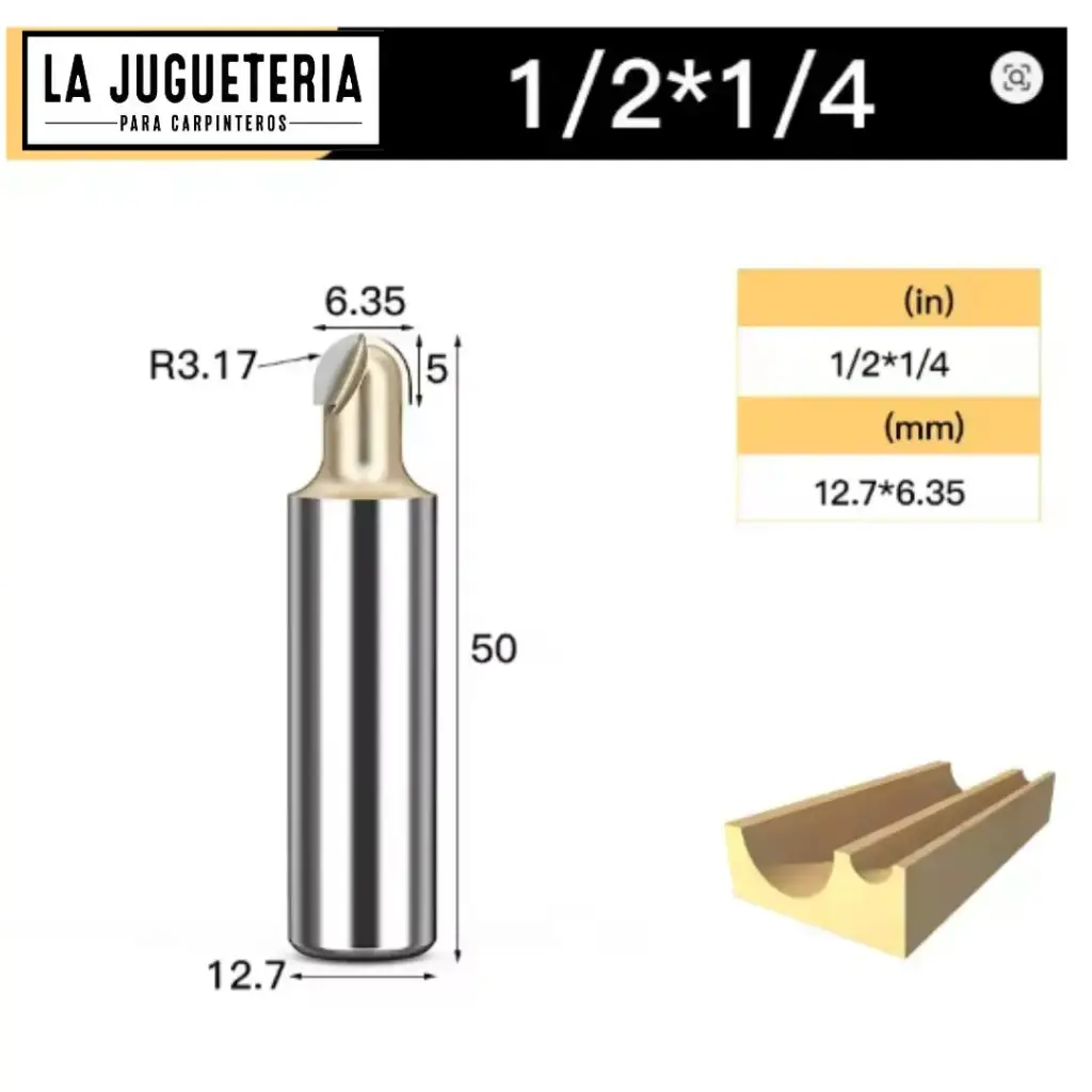 [A2269] Fresa CNC Round Nose / Media Caña – Corte 1/4" (6.35 mm), radio 3.17 mm, vástago 1/2" (12.7 mm)  Ref:G90