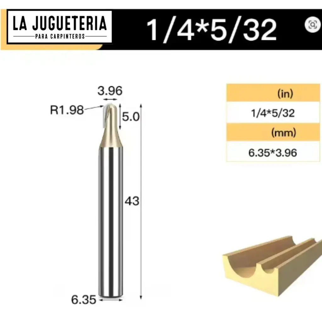 [A2279] Fresa CNC Round Nose / Media Caña – Corte 5/32" (3.96 mm), radio 1.98 mm, vástago 1/4" (6.35 mm) Ref:P84