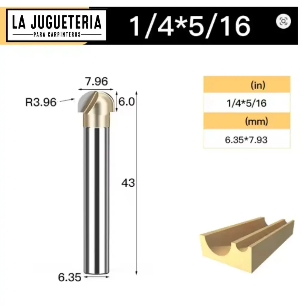 [A2278] Fresa CNC Round Nose / Media Caña – Corte 5/16" (7.96 mm), radio 3.96 mm, vástago 1/4" (6.35 mm) Ref:P87