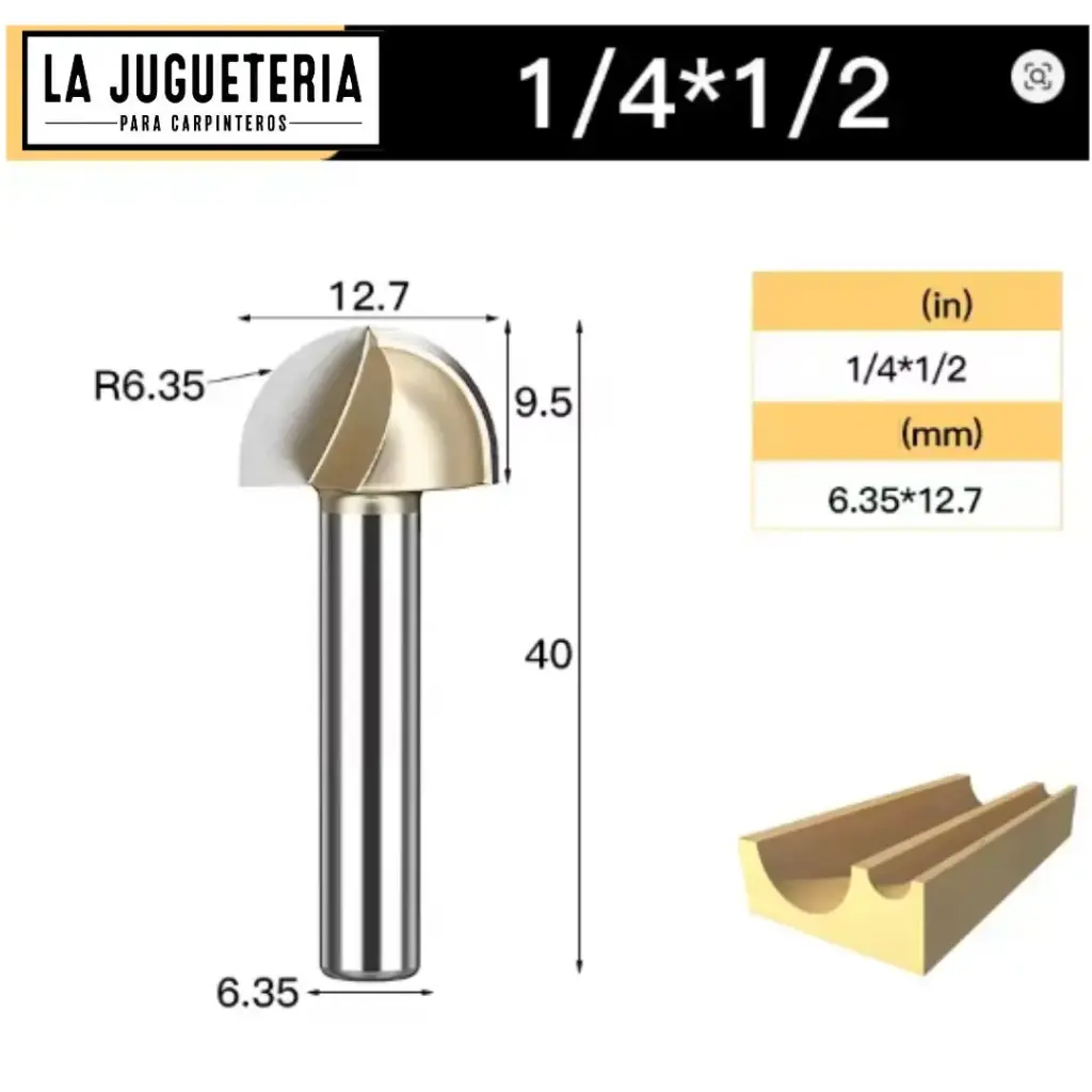 Fresa CNC Round Nose / Media Caña – Corte 1/2" (12.7 mm), radio 6.35 mm, vástago 1/4" (6.35 mm)  Ref:P89