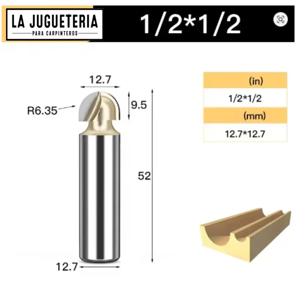 Fresa CNC Round Nose / Media Caña – Corte 1/2" (12.7 mm), radio 6.35 mm, vástago 1/2" (12.7 mm)  Ref:G93