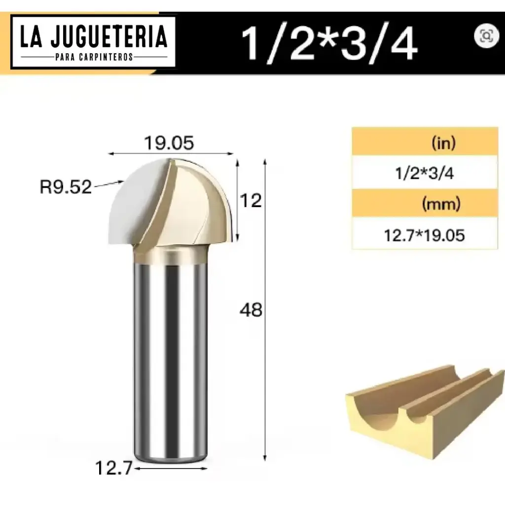 [A2273] Fresa CNC Round Nose / Media Caña – Corte 3/4" (19.05 mm), radio 9.52 mm, vástago 1/2" (12.7 mm) Ref:G95