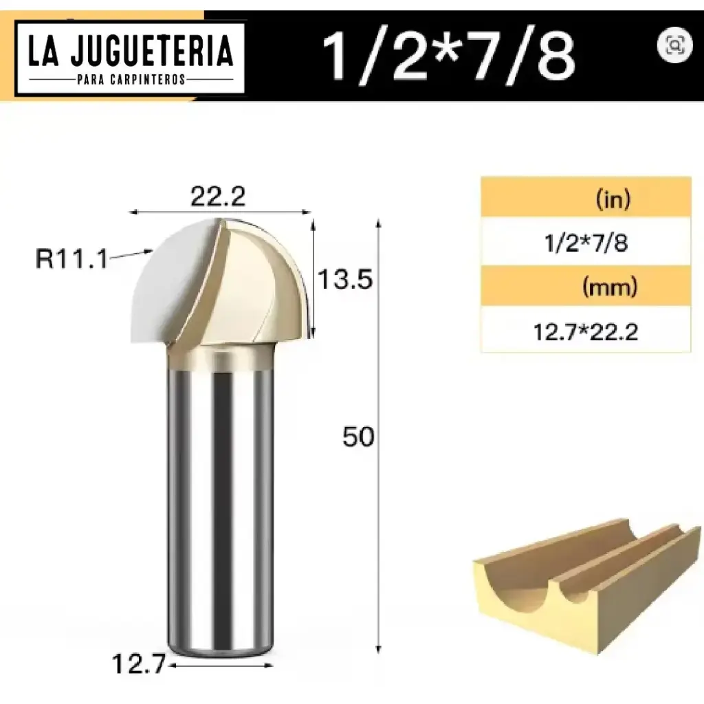 [A2282] Fresa CNC Round Nose / Media Caña – Corte 7/8" (22.2 mm), radio 11.1 mm, vástago 1/2" (12.7 mm)  Ref:G96