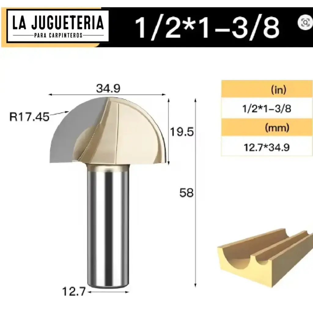 Fresa CNC Round Nose / Media Caña – Corte 1-3/8" (34.9 mm), radio 17.45 mm, vástago 1/2" (12.7 mm)  Ref:G100